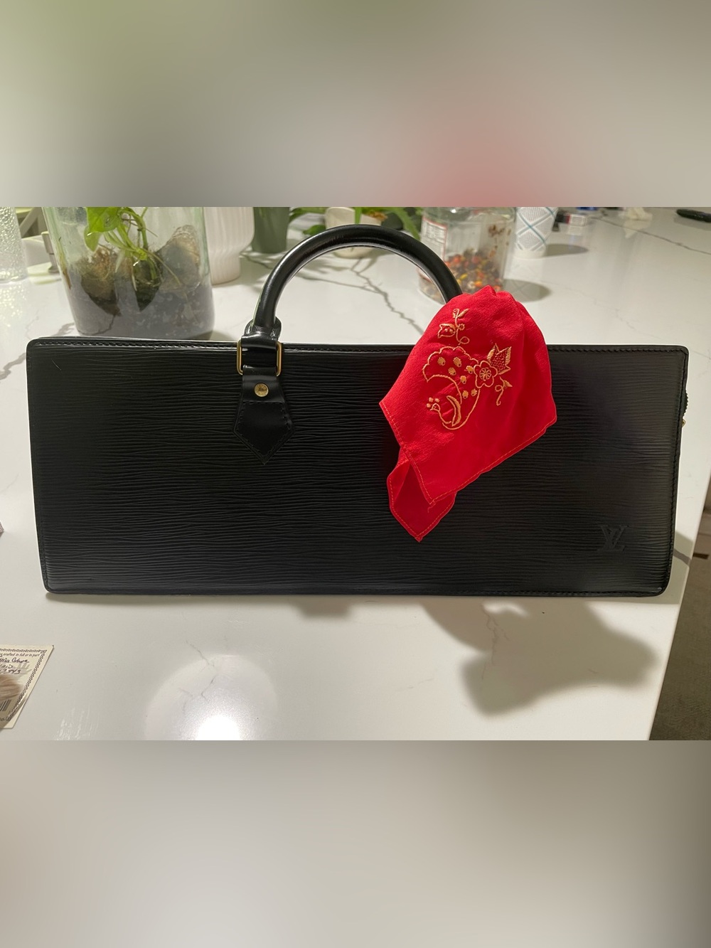 Louis Vuitton Black Triangle Purse with Red Embroidered Scarf